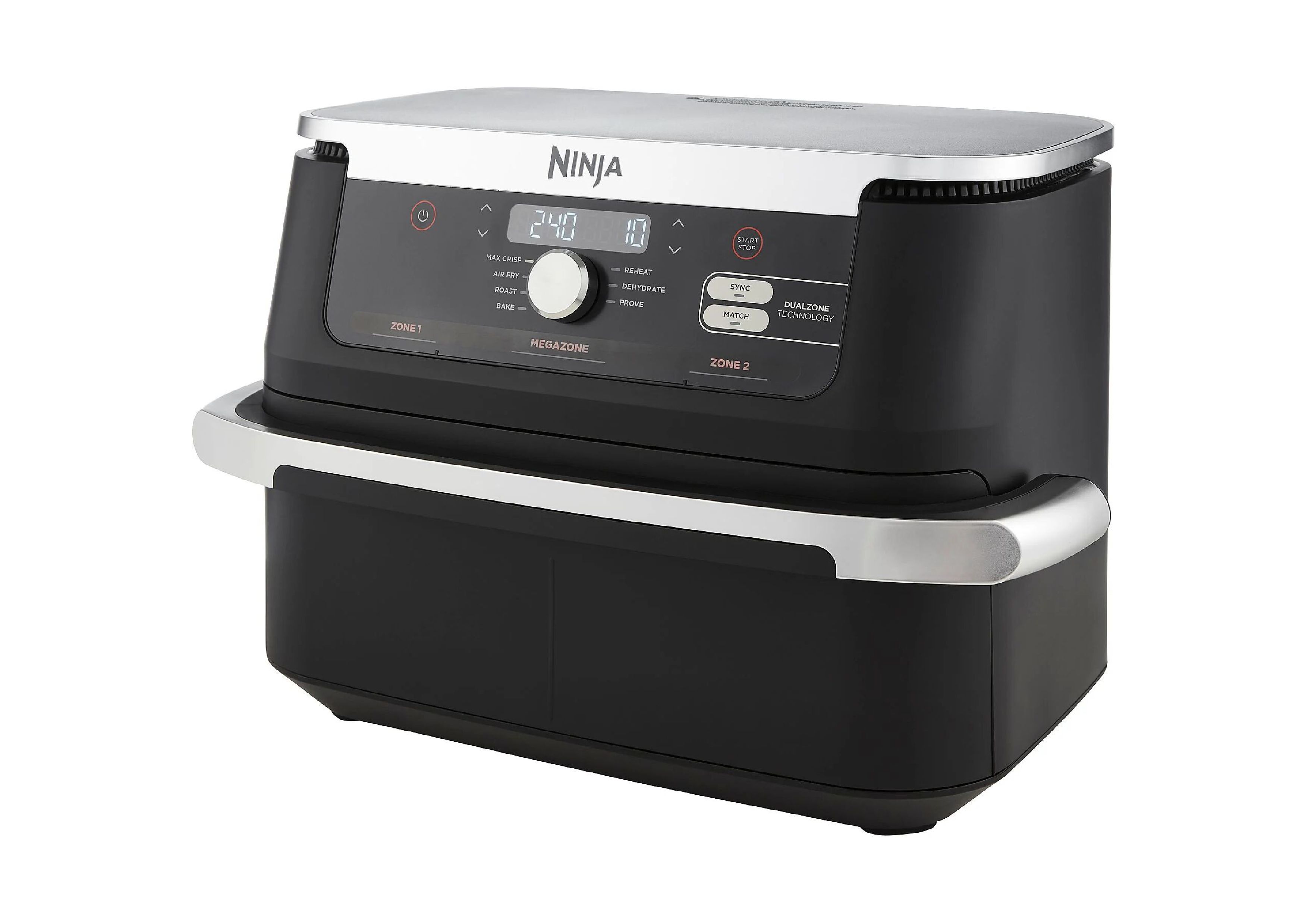 Front view of the Ninja Foodi FlexDrawer Air Fryer AF500EU with control panel and dial knob