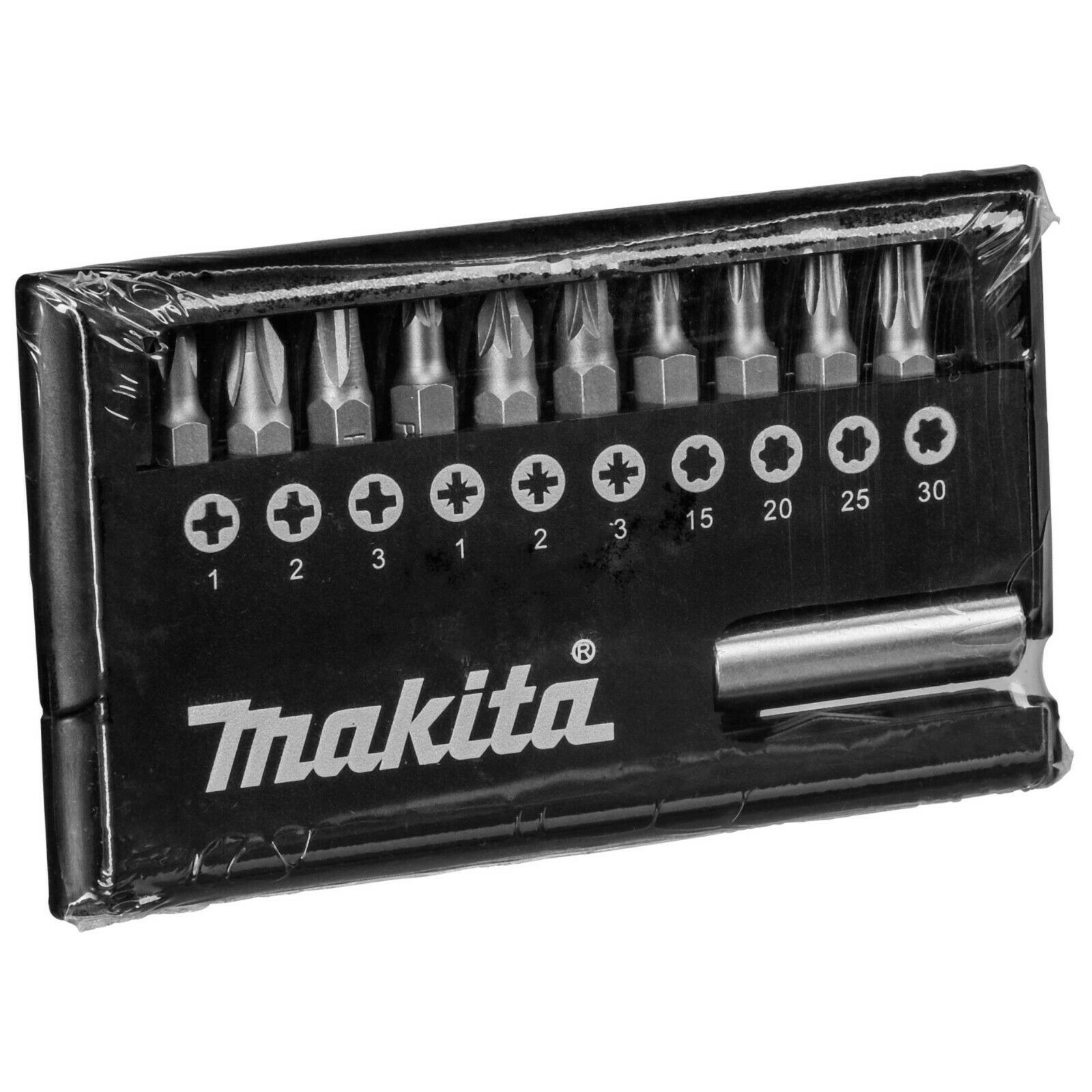 Makita DF347DWLX1 bit set, various drill and screwdriver bits neatly arranged.