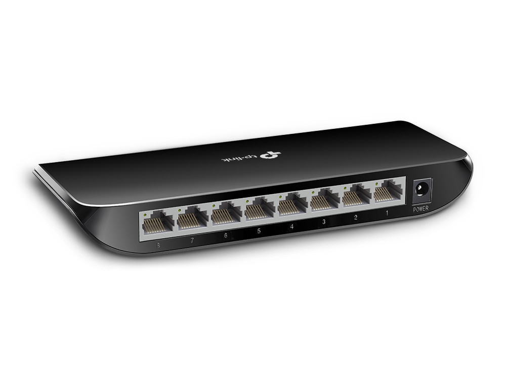 Side rear view of the TP-Link TLSG1008D Ethernet switch with ports, matte black casing
