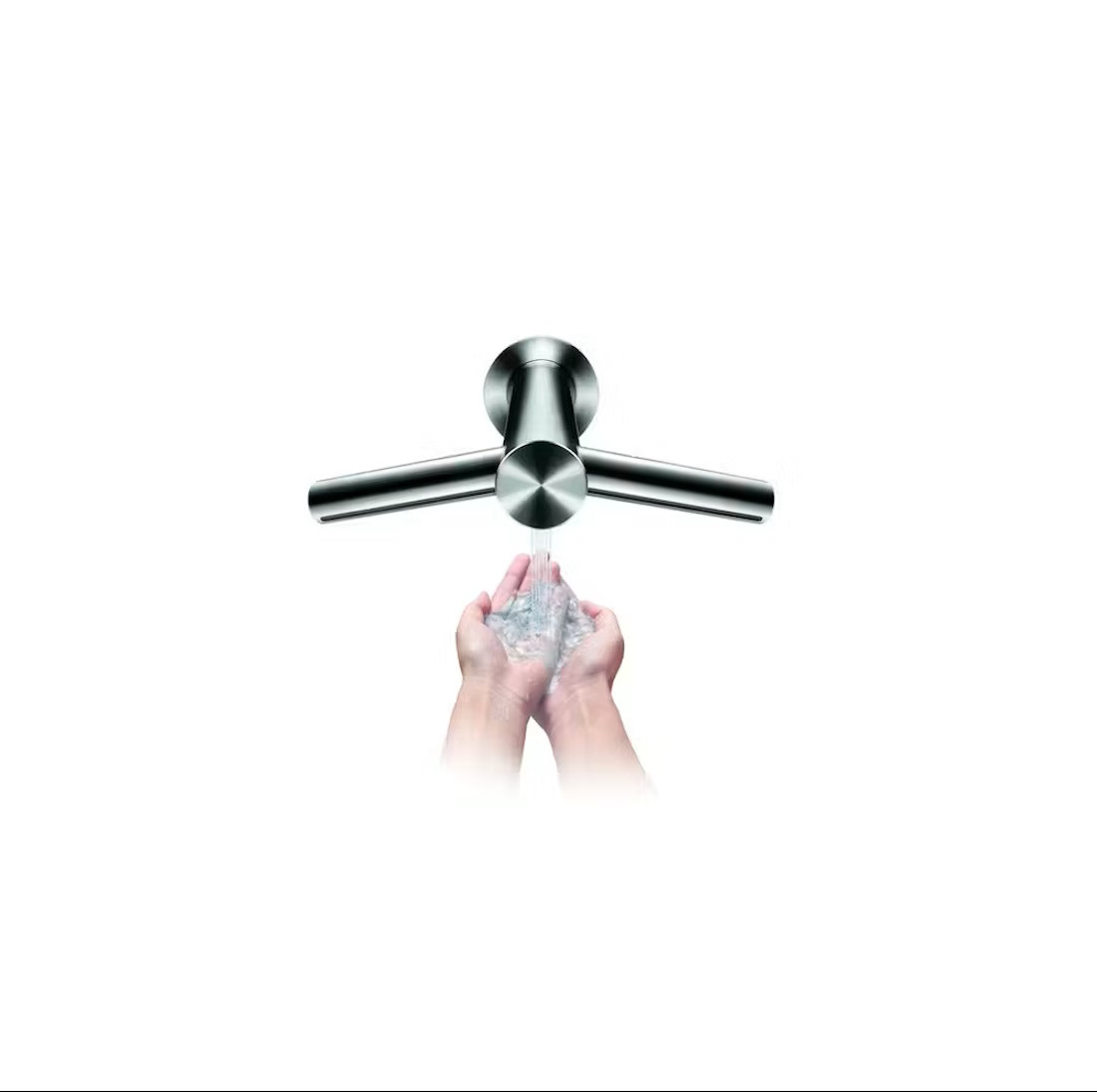 A person washes and dries hands simultaneously with the Dyson Wash+Dry WD06 above the sink.