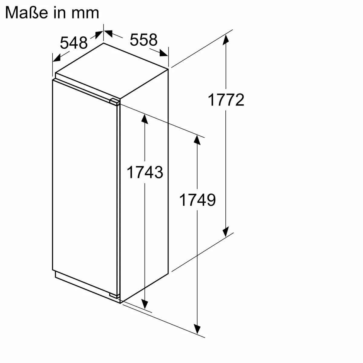 Technical drawing with appliance dimensions HxWxD (1772 x 558 x 548 mm)