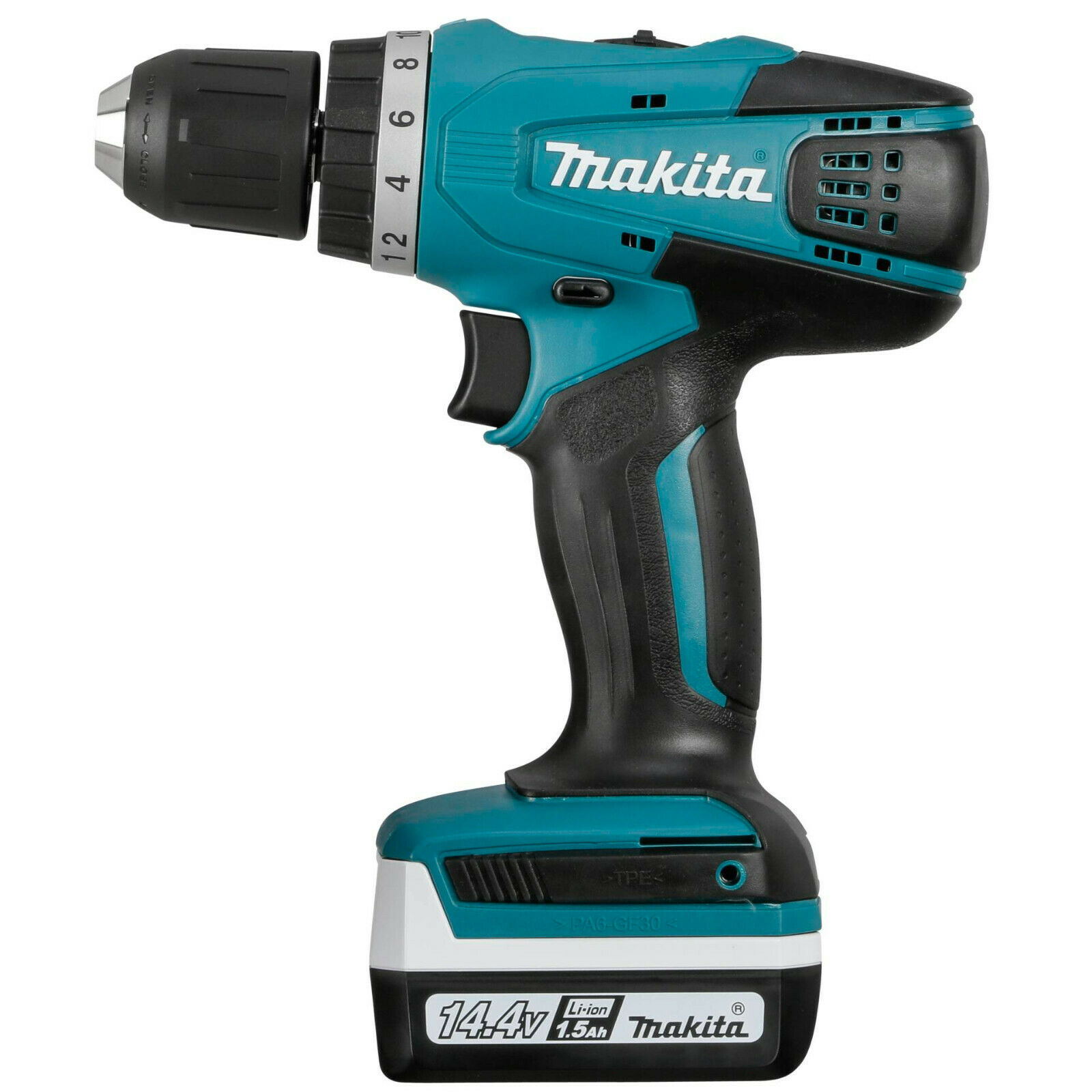 Makita DF347DWLX1 cordless drill, side view, battery inserted, handle and chuck visible.