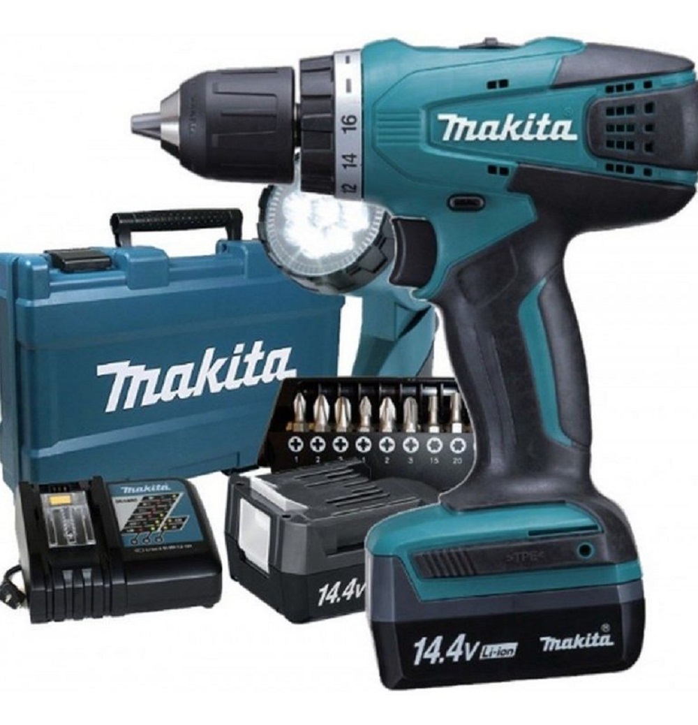 Makita DF347DWLX1 set, drill, lamp, batteries, charger and storage case fully visible.