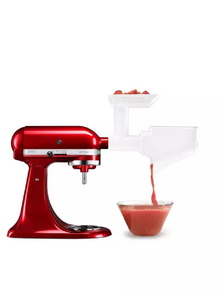 KitchenAid 5KSMFPPC purée attachment mounted on a stand mixer.