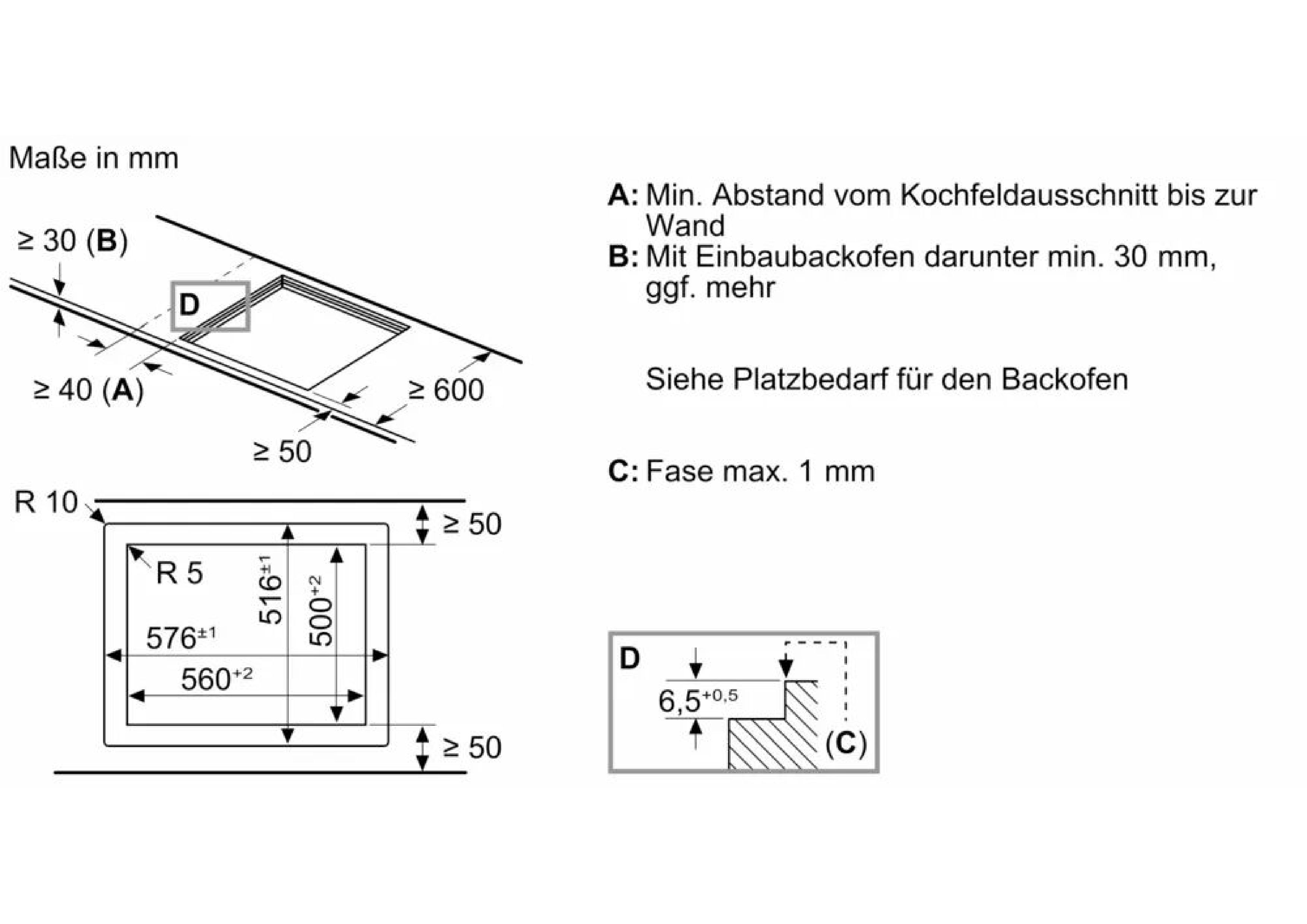 Cutout dimensions for flush installation