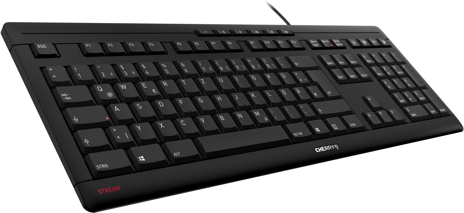 Cherry STREAM keyboard in black, US layout – side view with flat profile.