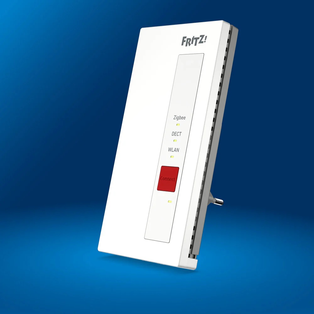 Front product view of the white AVM FRITZ! Smart Gateway with Zigbee, DECT, and WLAN status LEDs and the red Connect button.