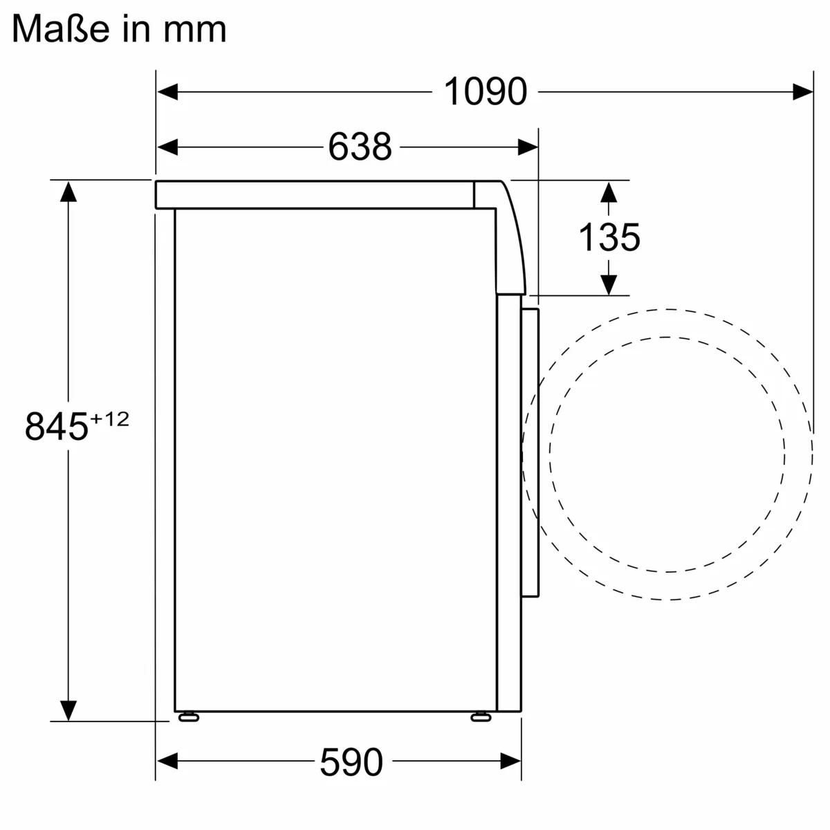 Technical drawing showing appliance dimensions of the Siemens WG56B2A41 (Height x Width x Depth)