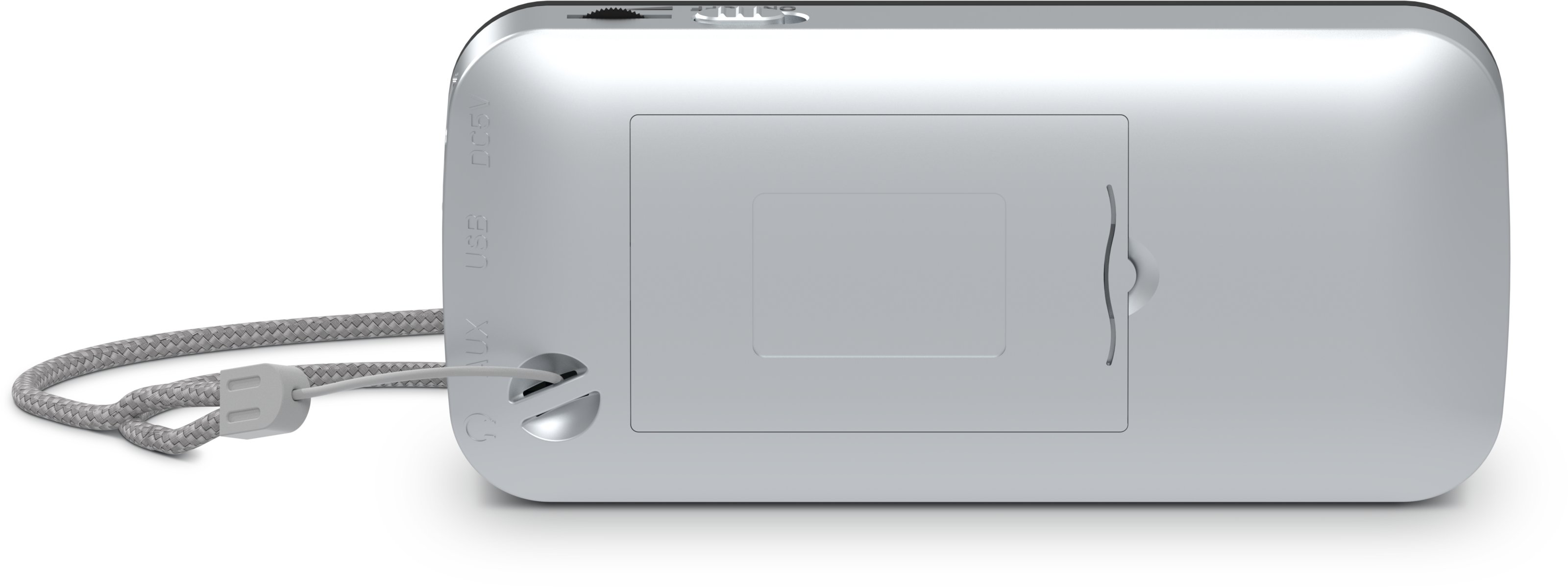 Rear view of the TechniSat RDR digital radio in silver with closed battery compartment.