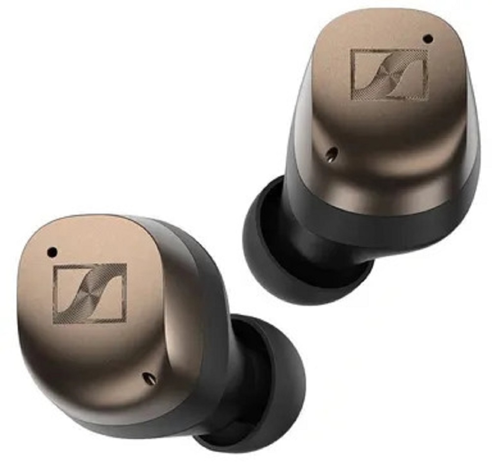 Two Sennheiser Momentum True Wireless 4 in-ear headphones, close-up of the bronze exterior with the logo.