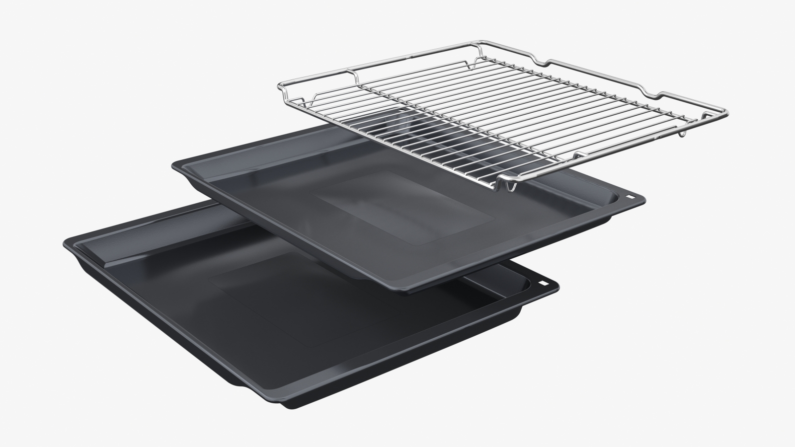 Image showing the included accessories: one wire rack, one deep tray, and one flat enamel baking tray.