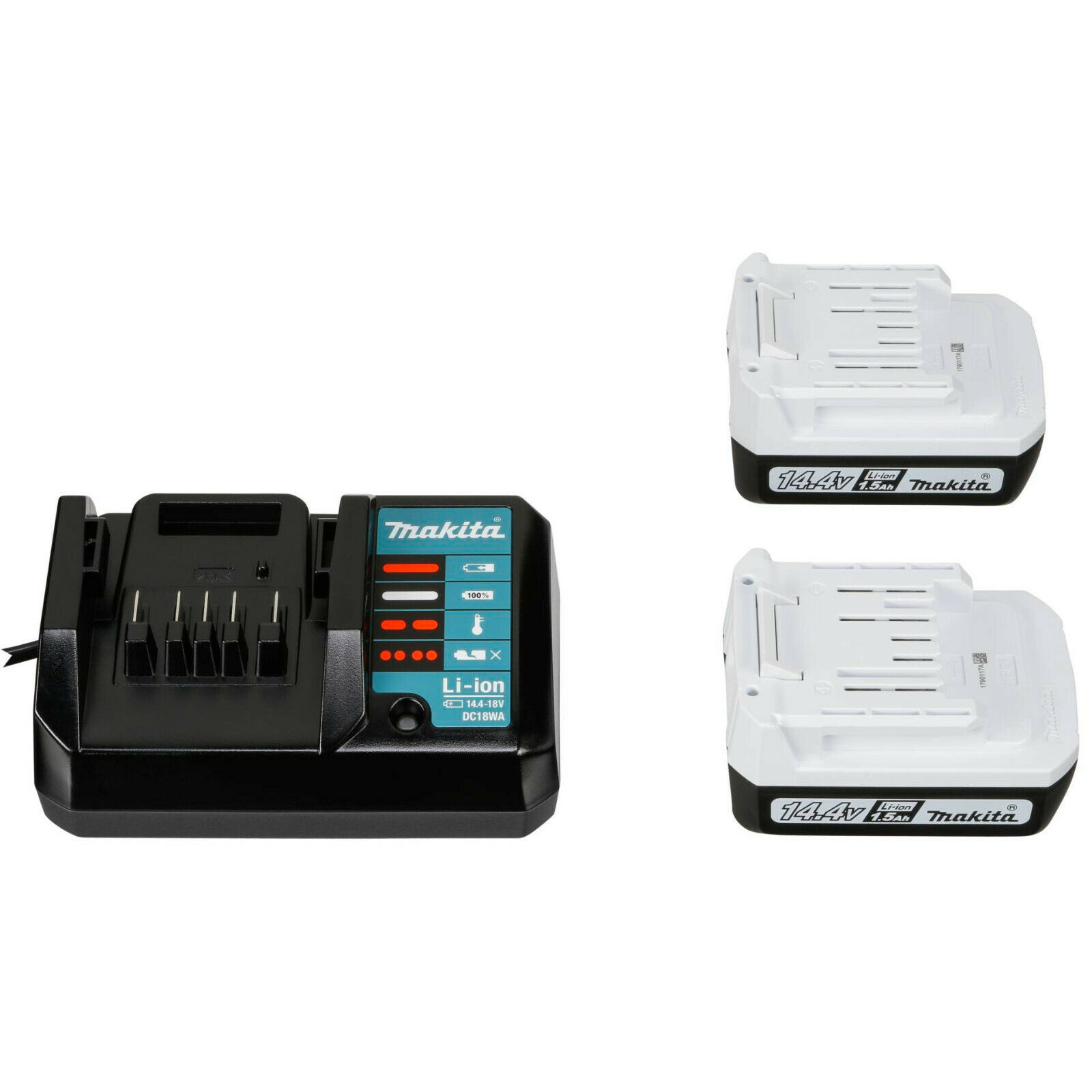 Makita DF347DWLX1, charger with two batteries, front view showing charger and batteries.