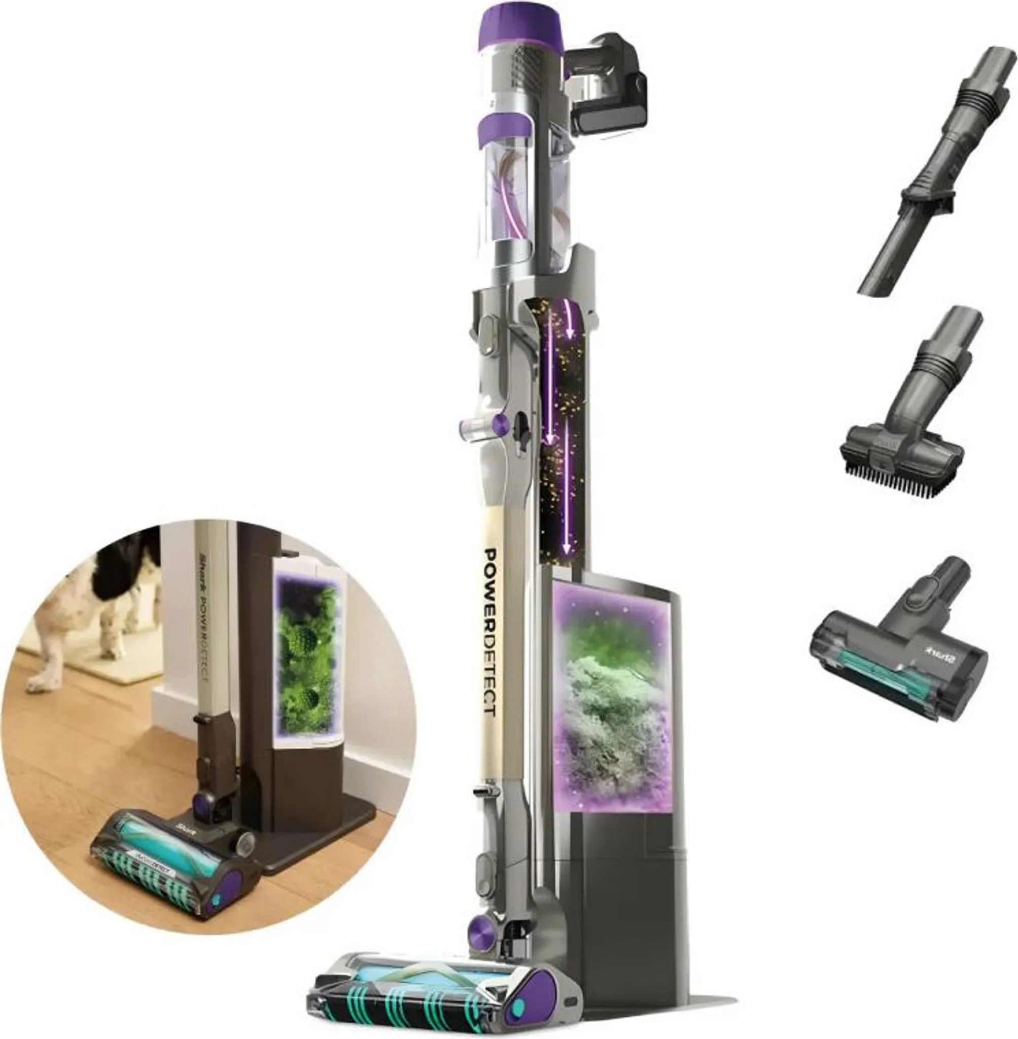 Shark cordless vacuum IP3251EUT in docking station showing suction power visualization