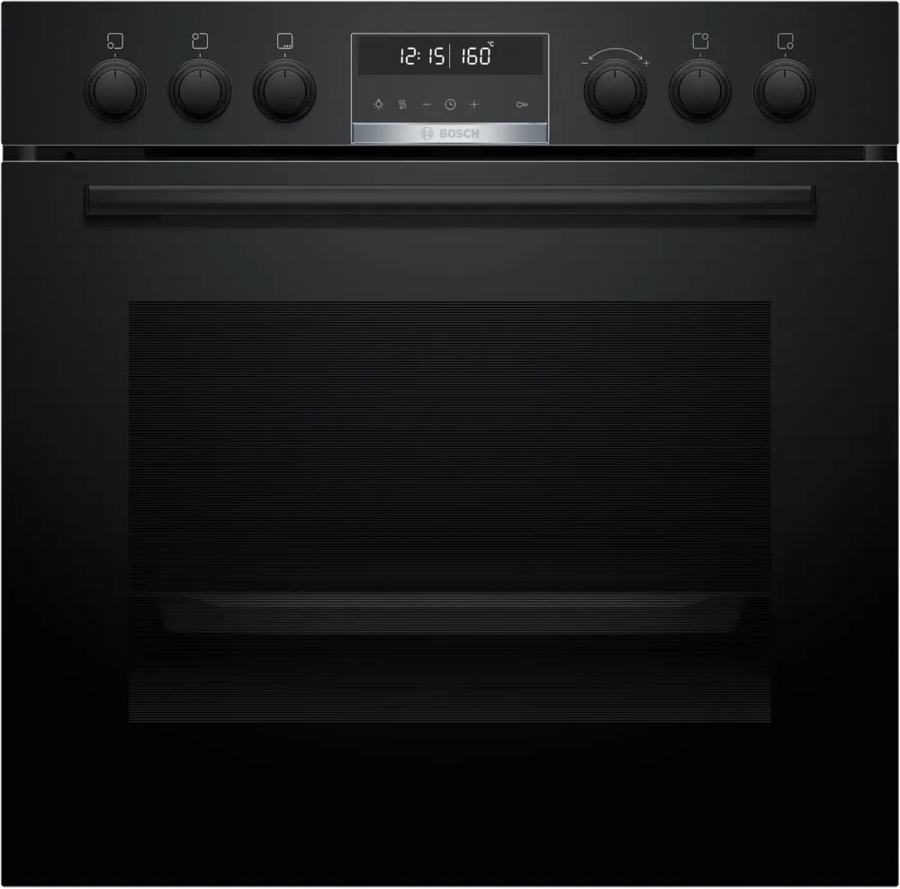 Bosch HND679LS62 Freestanding Cooker with Induction Hob – Front View Black Bosch HND679LS62 freestanding cooker with integrated induction hob, rotary controls, and digital display for oven functions.