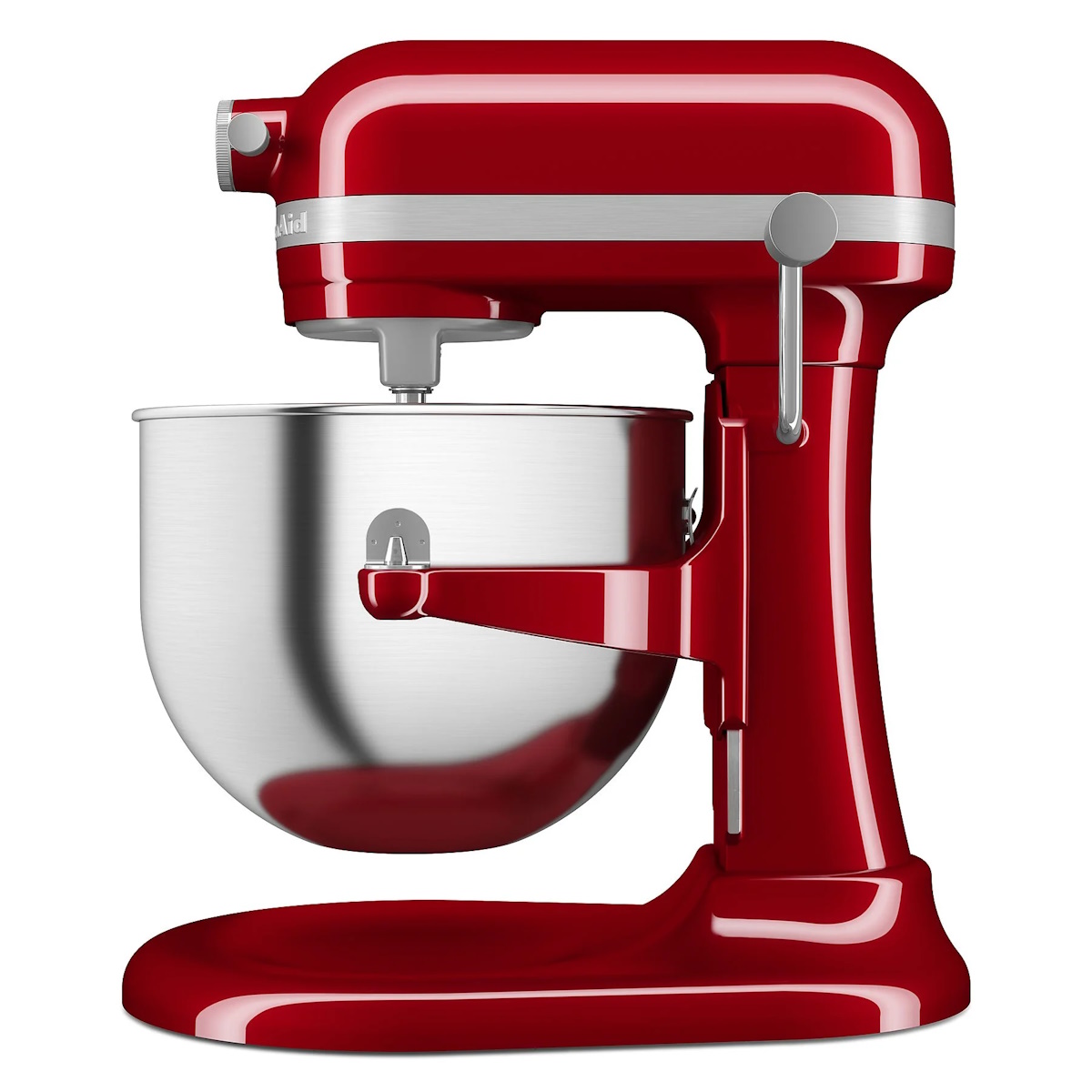 Rechte Seitenansicht der KitchenAid 5KSM70JPXEER mit sichtbarer Rührschüsselverstellung.