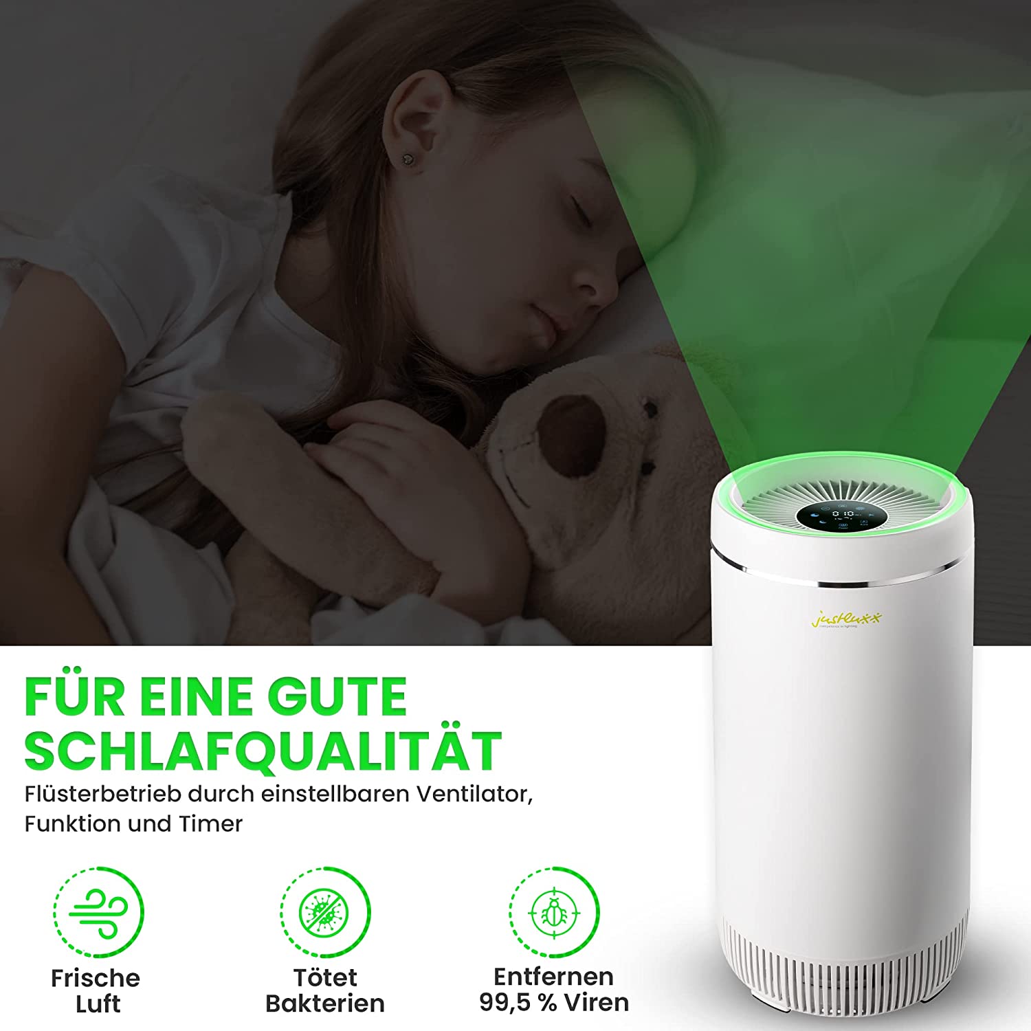 Justluxx Amax3 air purifier, scene in bedroom for better sleep quality.