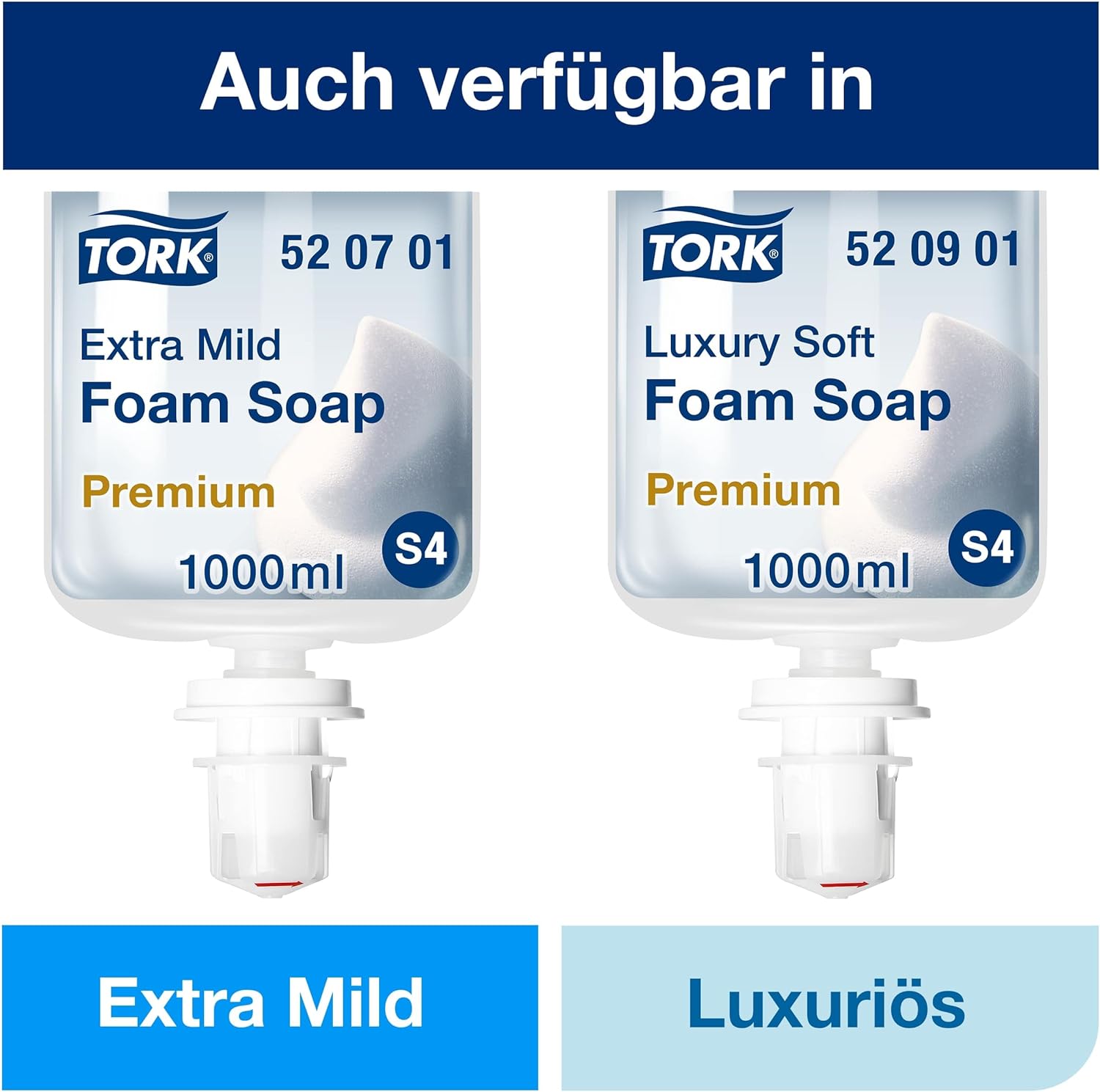 Tork foam soap, available in Mild and Luxurious versions.