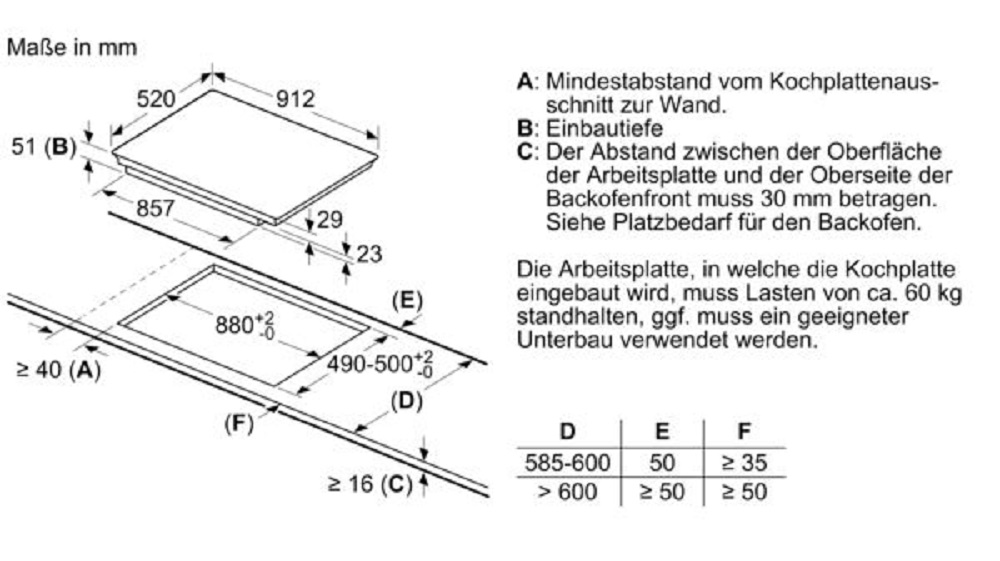 Detailed installation dimensions and guidelines for the Siemens EX975LXC1E induction hob, including cutout measurements and countertop load capacity (dimensions in mm).