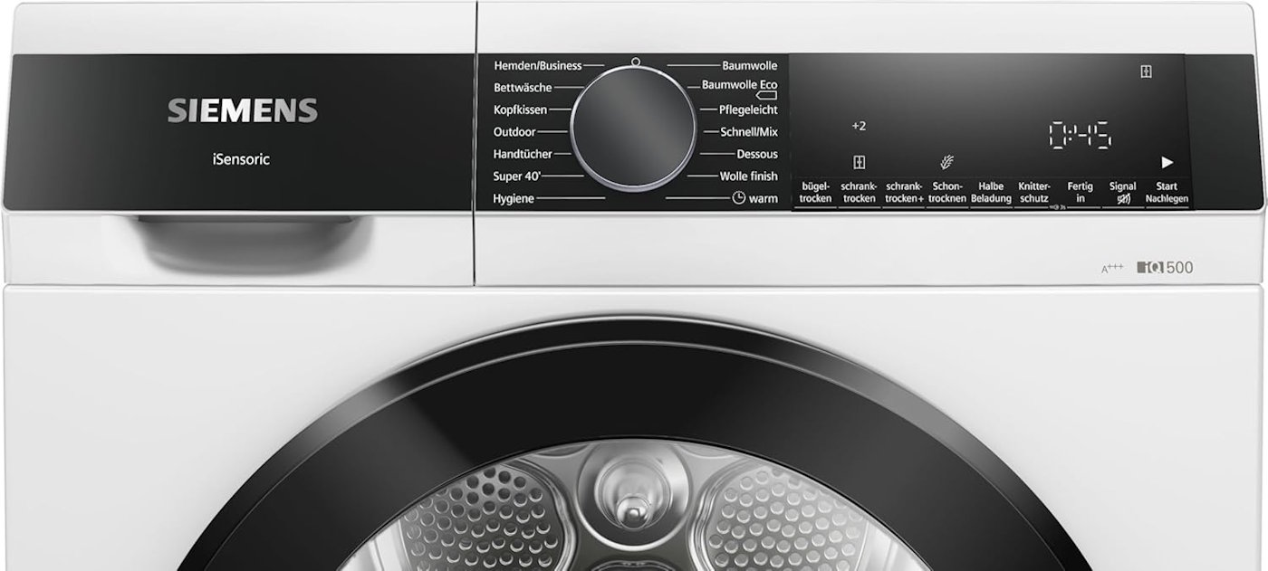 Detail of the LED display and rotary dial on the Siemens iQ500 dryer