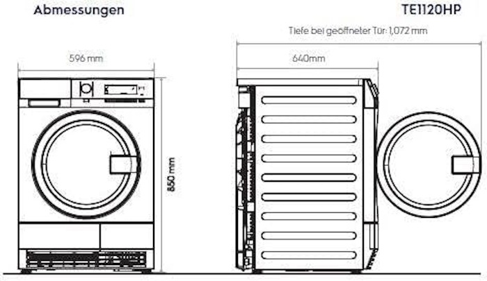 Technical Drawing: Dimensions of the myPRO TE1120HP appliance (height, width, depth)