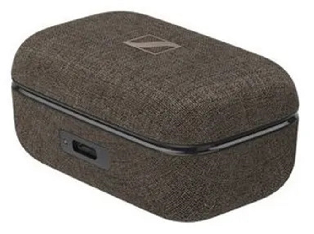 Closed charging case for the Sennheiser Momentum True Wireless 4 headphones, featuring a brown fabric exterior.