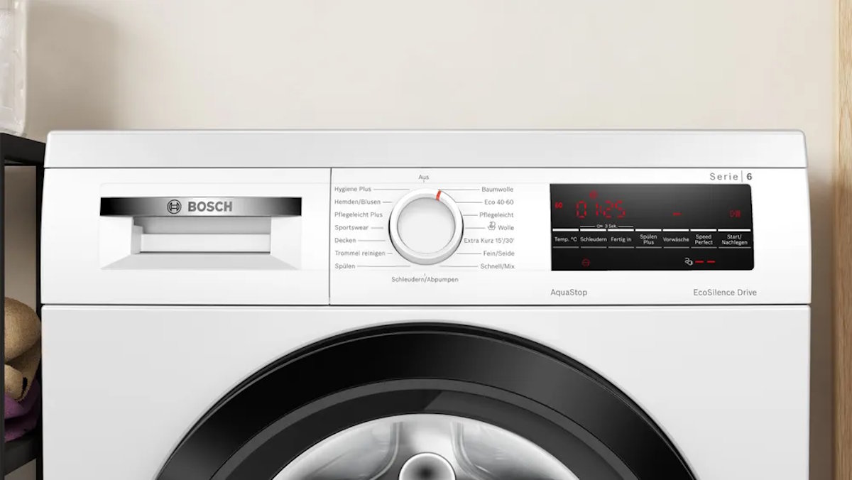 Detailed view of the LED display and dial of the Bosch WUU28T48 washing machine.