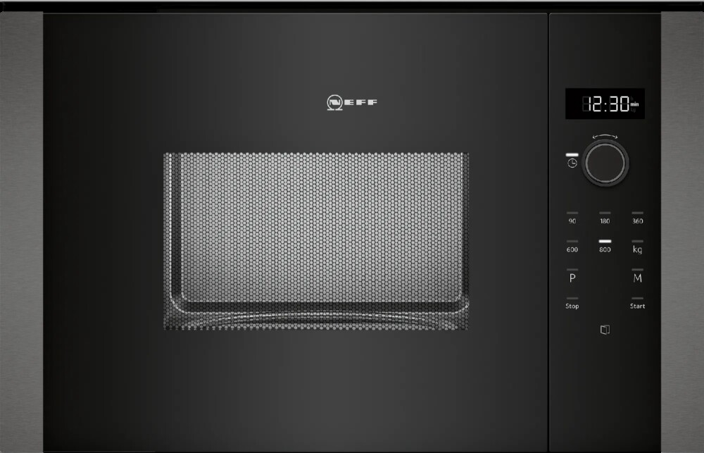 Front view of the black NEFF microwave with a side-opening swing door and TouchControl operation.