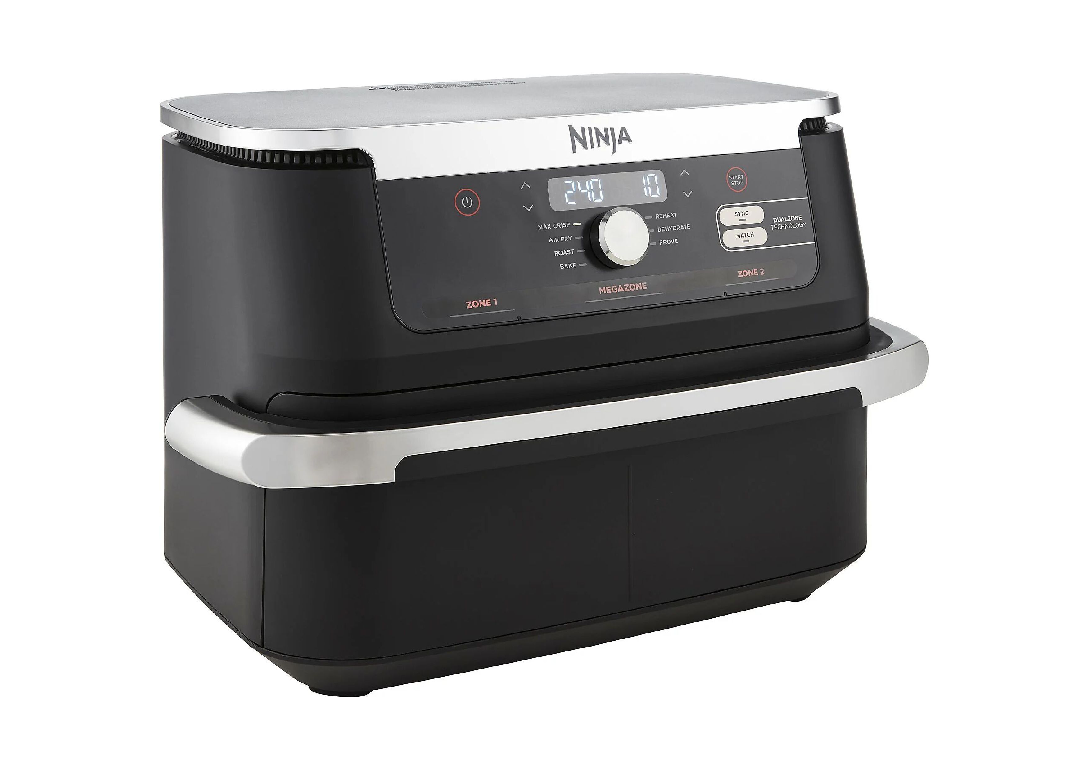 Angled side view of the black Ninja air fryer focusing on the display and MegaZone function