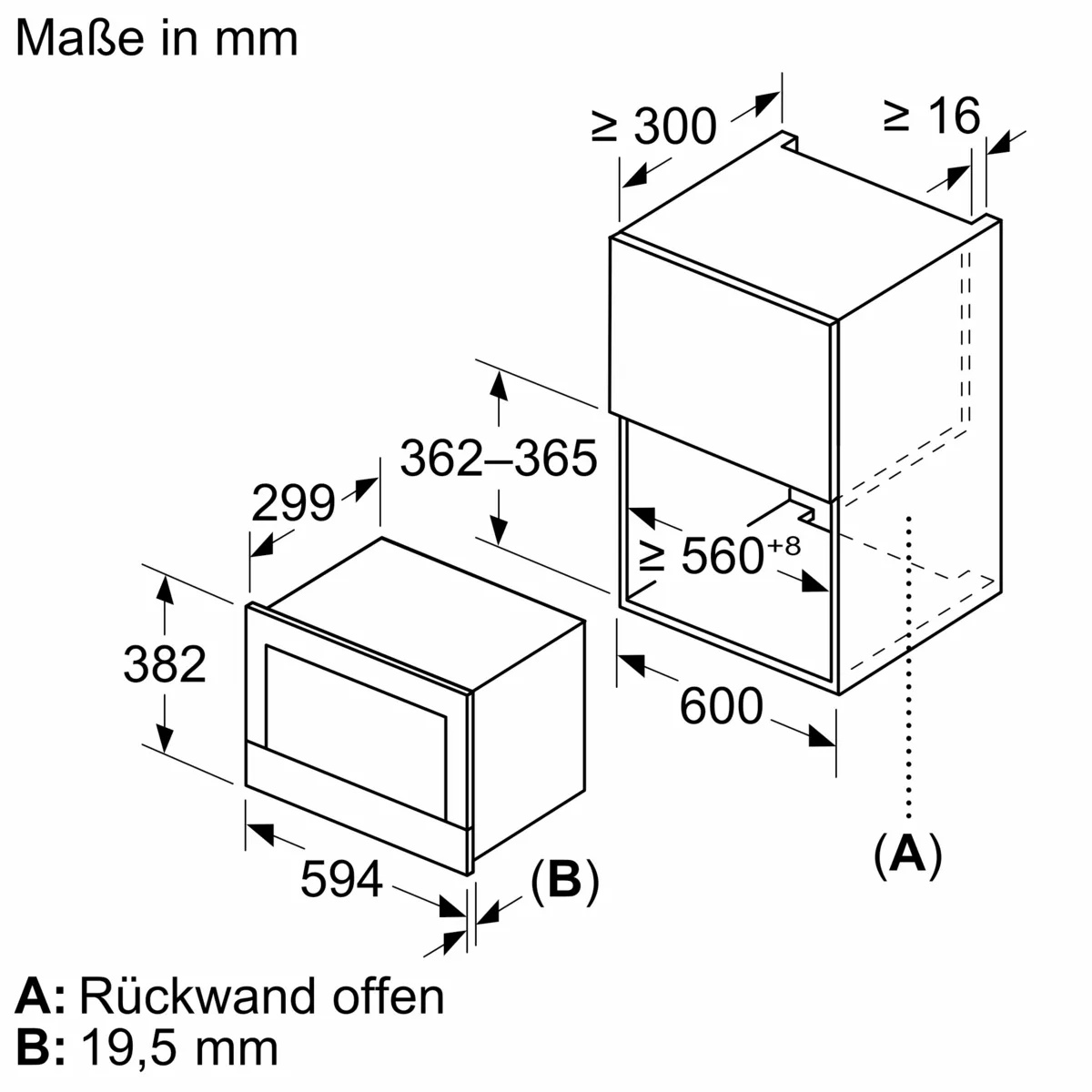 Installation drawing showing the niche dimensions (W: 560-568mm, H: 362-382mm) for installation.