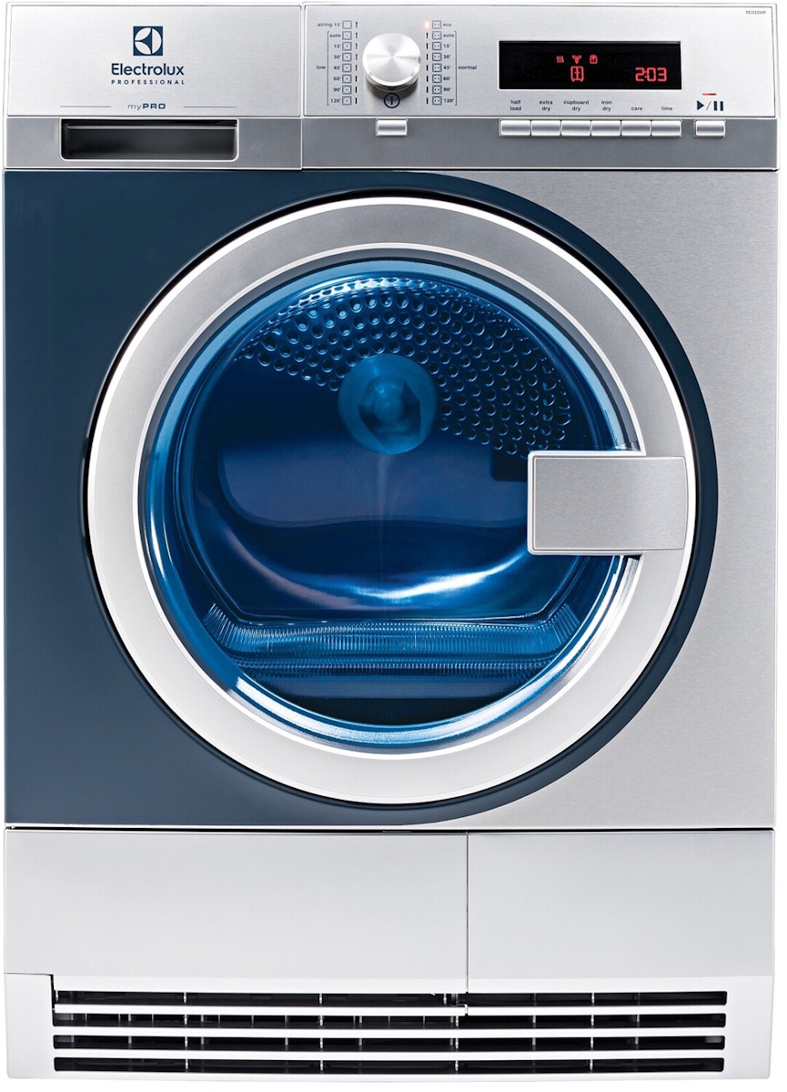 Frontal view of the silver professional dryer featuring a large door opening, digital display, and lower ventilation grille.