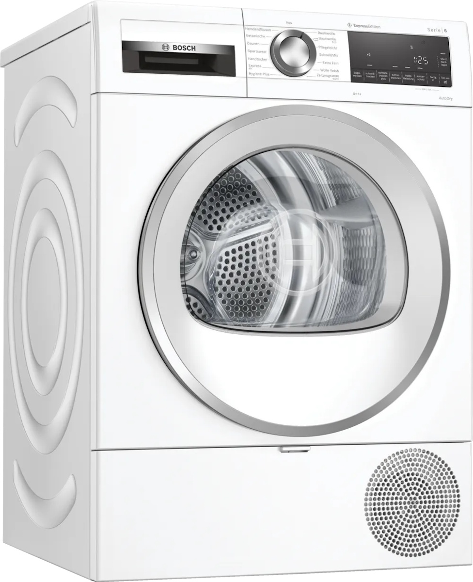 BOSCH WQG233DH0 dryer in a slight angled view, freestanding unit