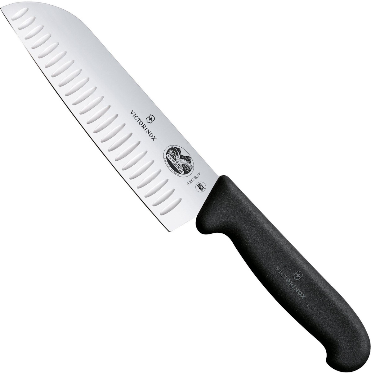 Detailed view of the ergonomic Fibrox handle of the Victorinox Santoku knife