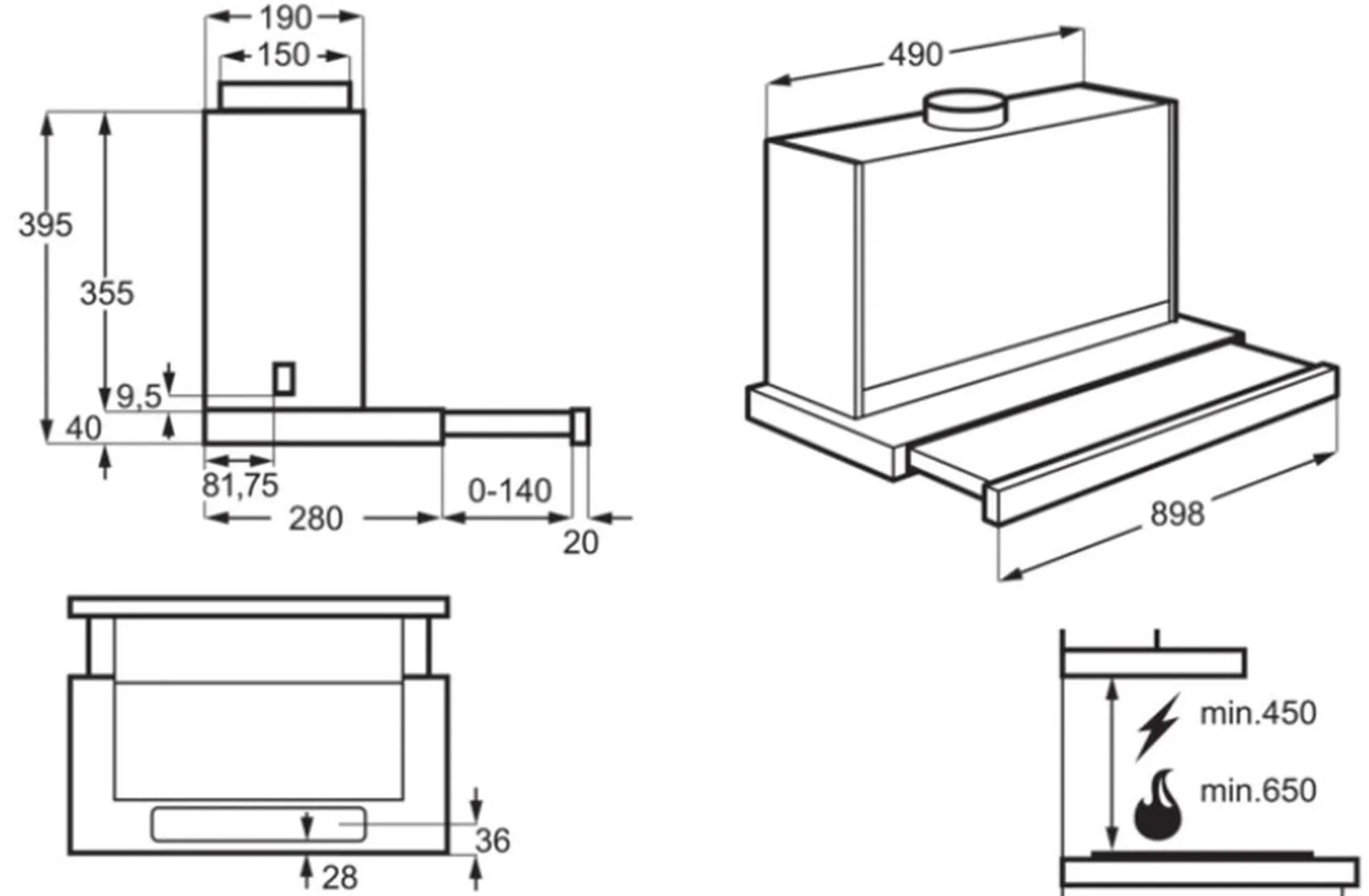 Technical drawing of the AEG DPE5960M flat-panel extractor hood with dimensions: width 898 mm, depth 284 mm, installation depth 300 mm