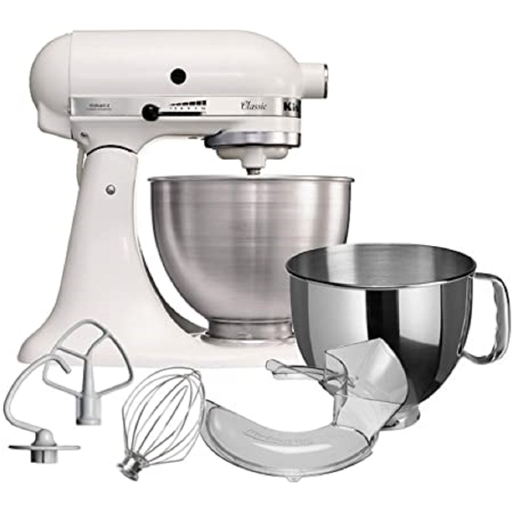 KitchenAid 5K45SSSEWH stand mixer left view with optional accessories