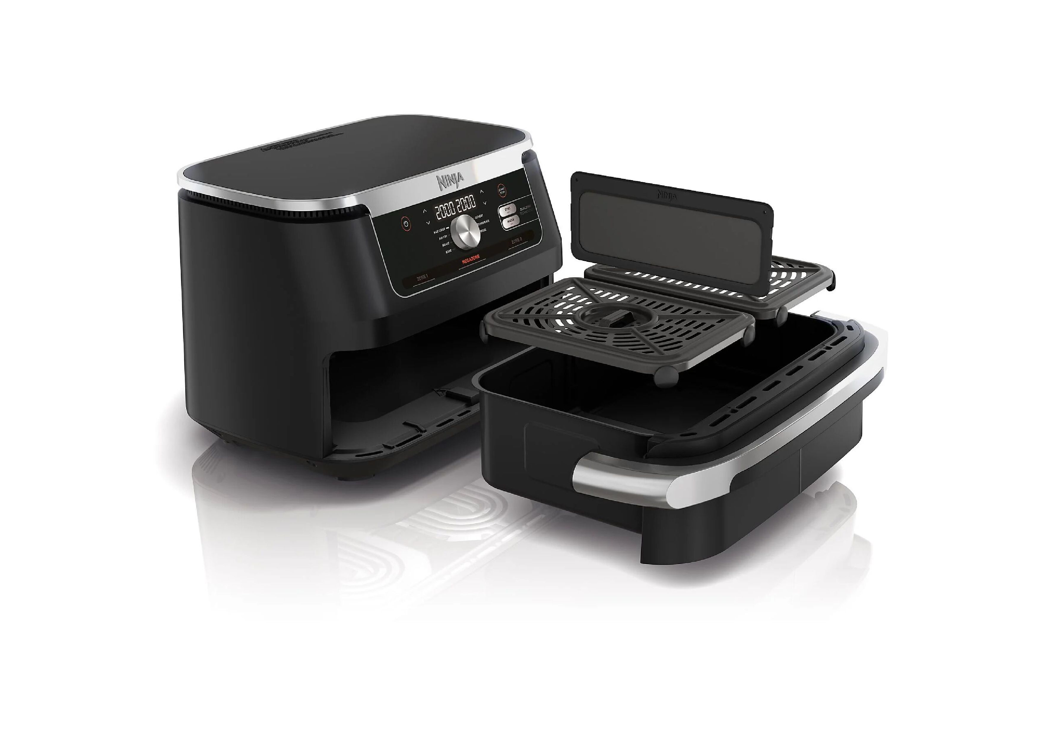 Exploded view of accessories: FlexDrawer basket, removable divider, and crisper plates