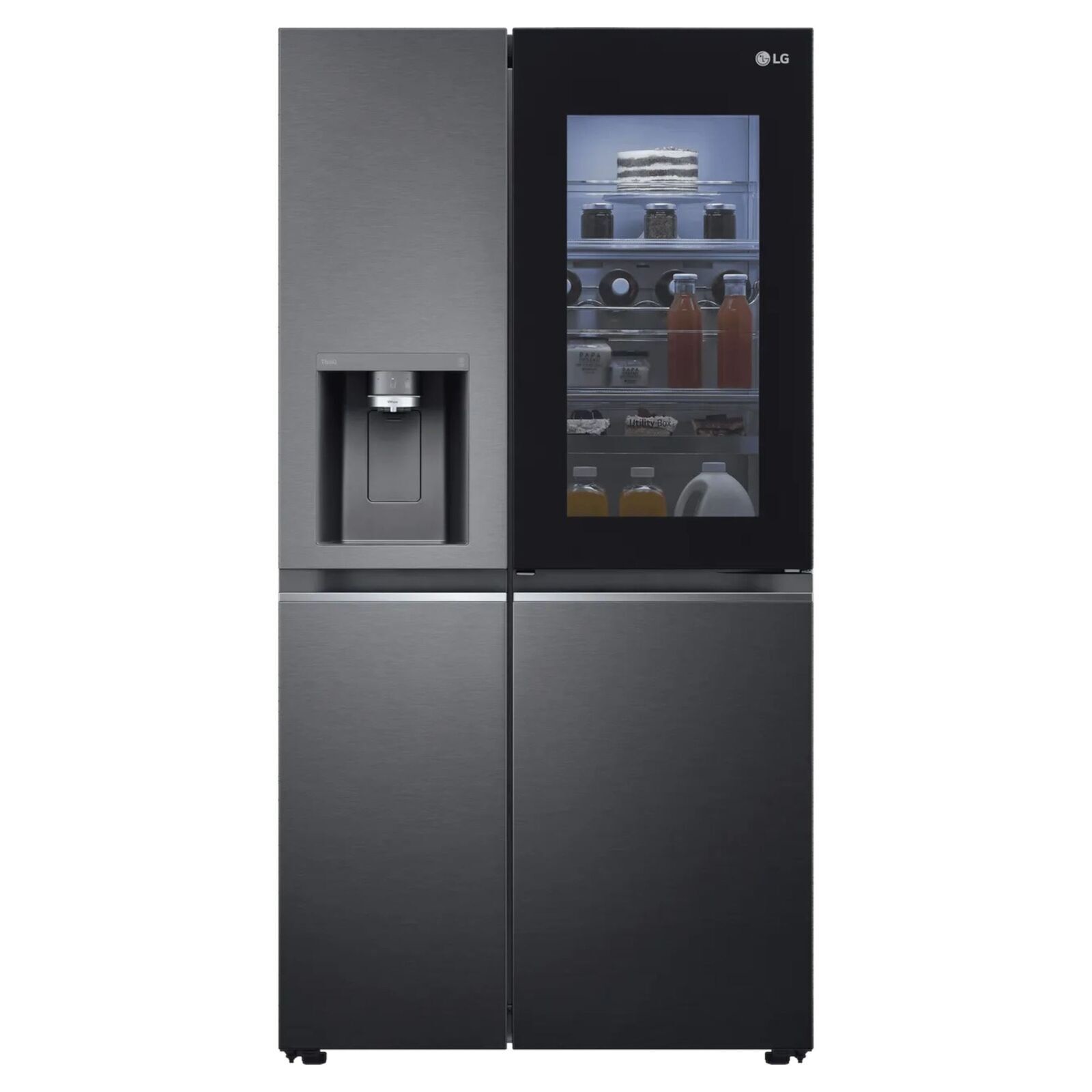 Front view of LG GSXV90MCAE in sleek stainless steel design LG GSXV90MCAE refrigerator – front view in stainless steel finish