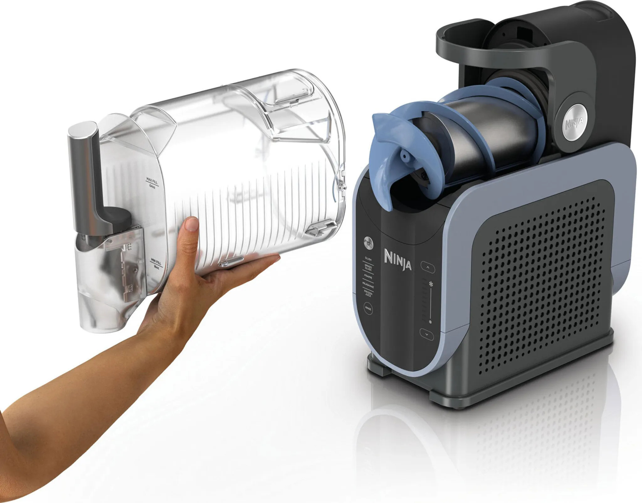 Hand holding the removable, transparent slush mixing bowl of the NINJA SLUSHi FS301EU machine