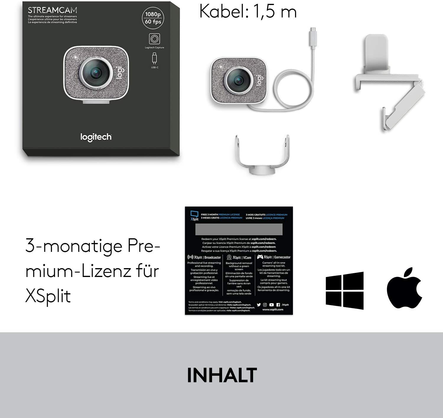 Package contents of the Logitech StreamCam in white including camera, cable, and accessories.