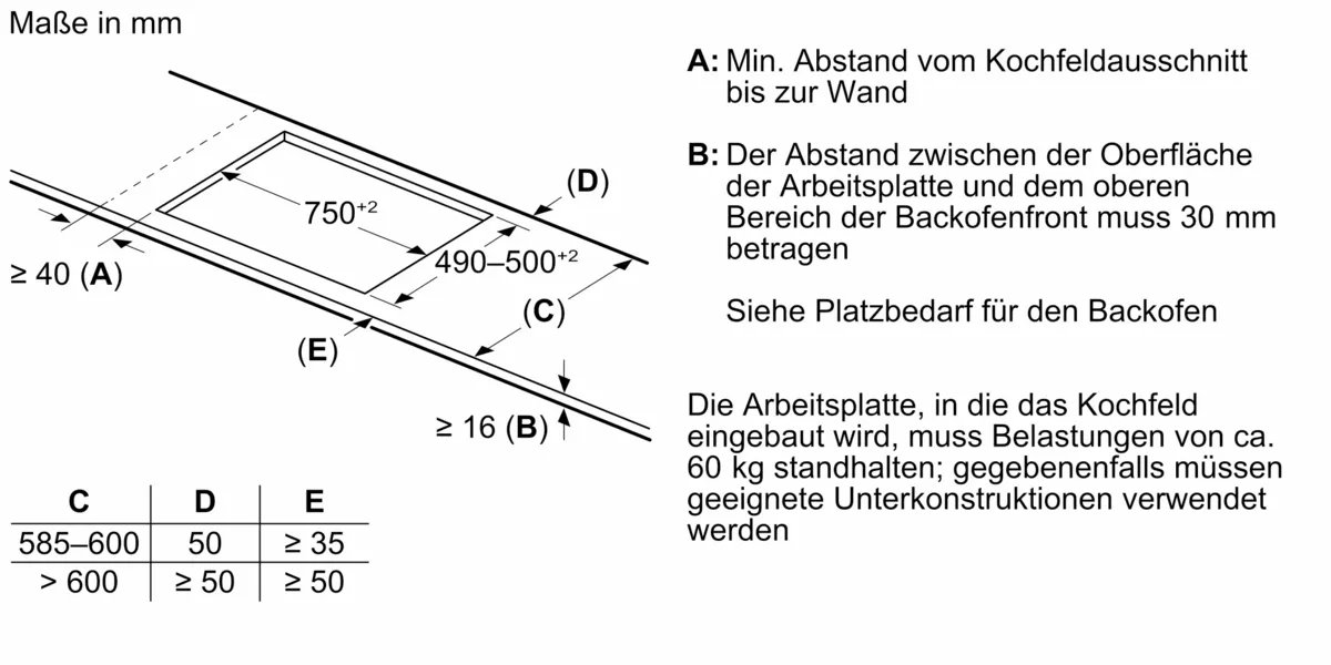 Technical drawing of the installation niche dimensions (750-780 x 490-500 mm)