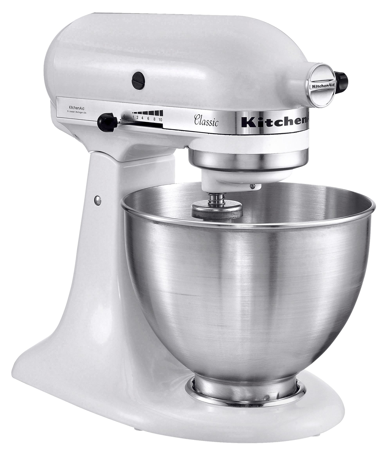 KitchenAid 5K45SSSEWH stand mixer side view showing speed control.