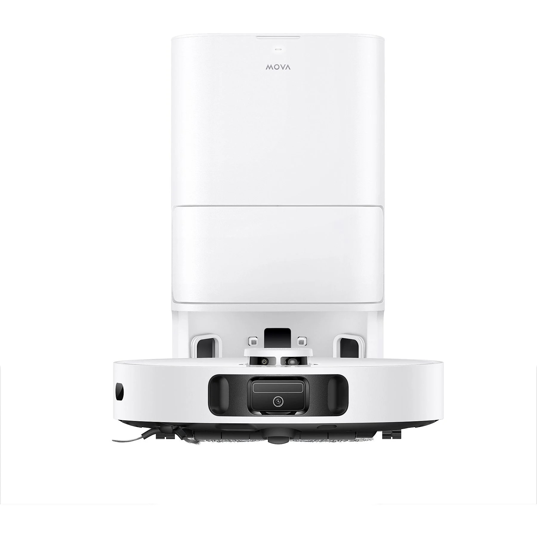 Dreame Mova E30 white robot vacuum positioned in front of matching base station