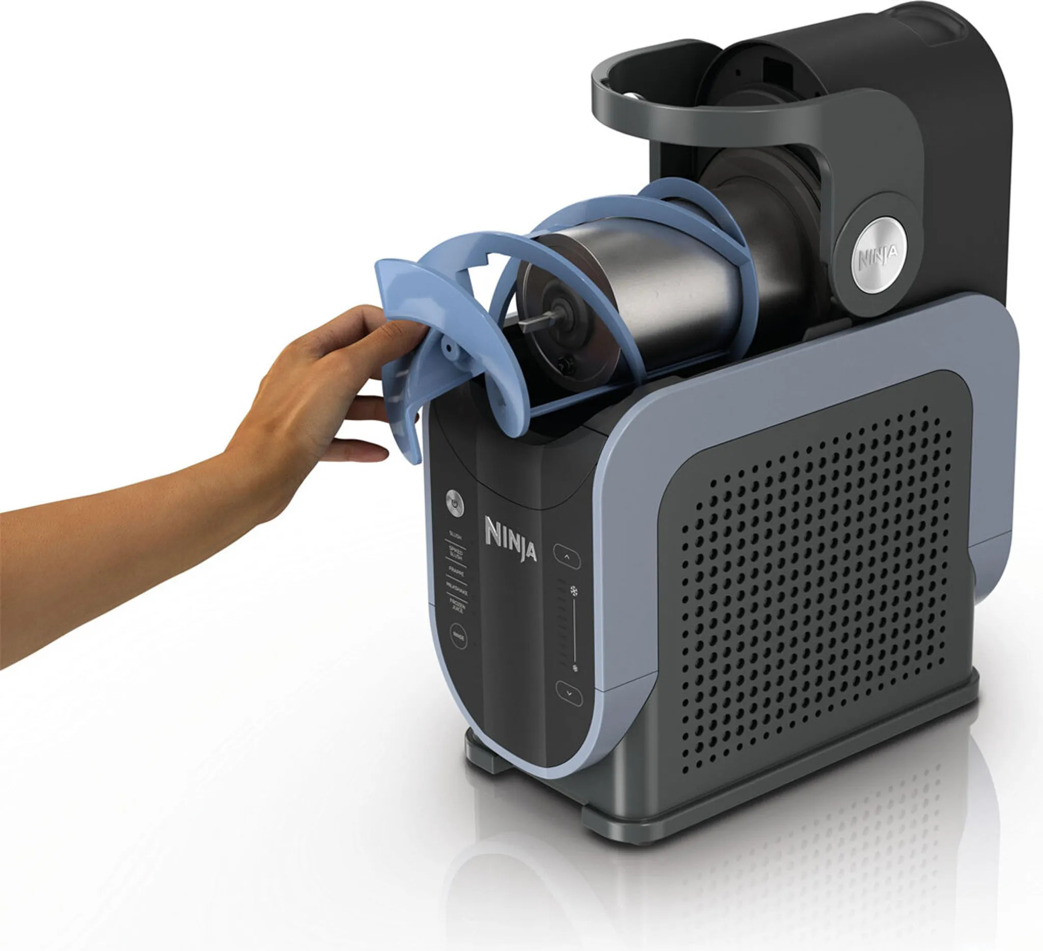 Hand removing the blue whisking paddle for cleaning from the NINJA SLUSHi FS301EU machine