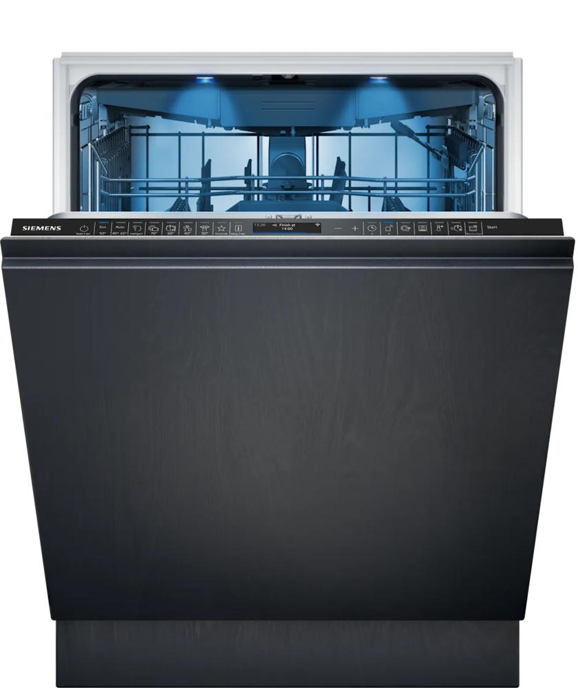 Front view of the slightly open Siemens dishwasher revealing the control panel and blue emotionLight.