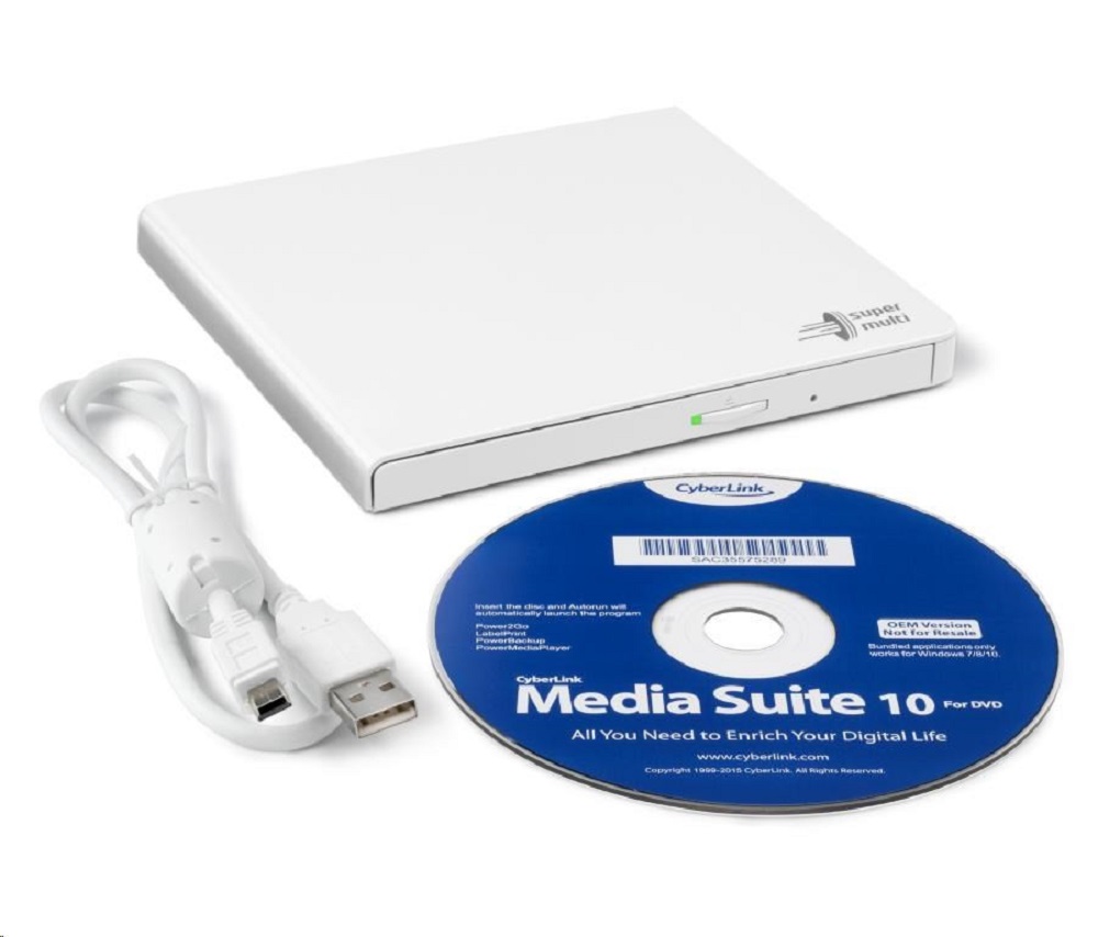 Hitachi-LG external optical drive – front view with USB cable and optical disc (CD/DVD) beside it.