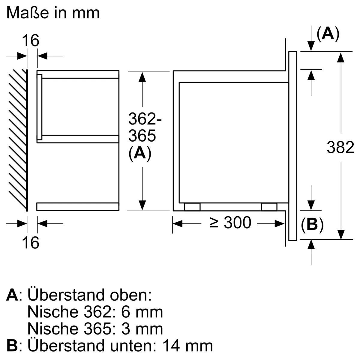 Technical drawing showing the external device dimensions (H: 382mm, W: 594mm) of the microwave.