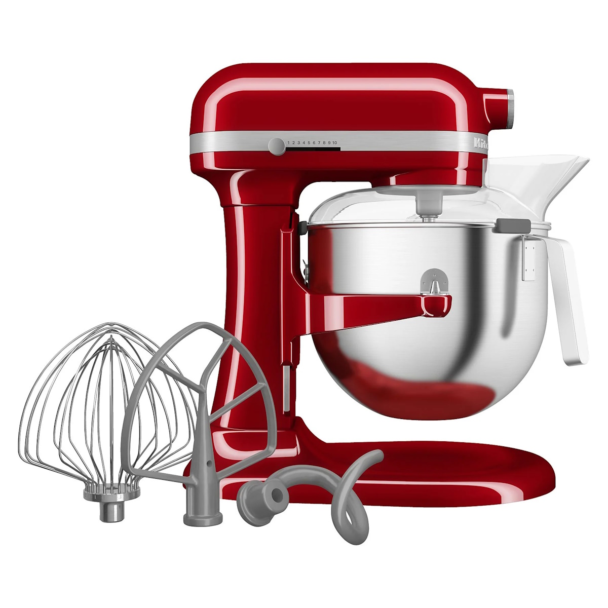 Linke Seitenansicht der KitchenAid 5KSM70JPXEER in Empire Red mit allen Zubehörteilen des Lieferumfangs.