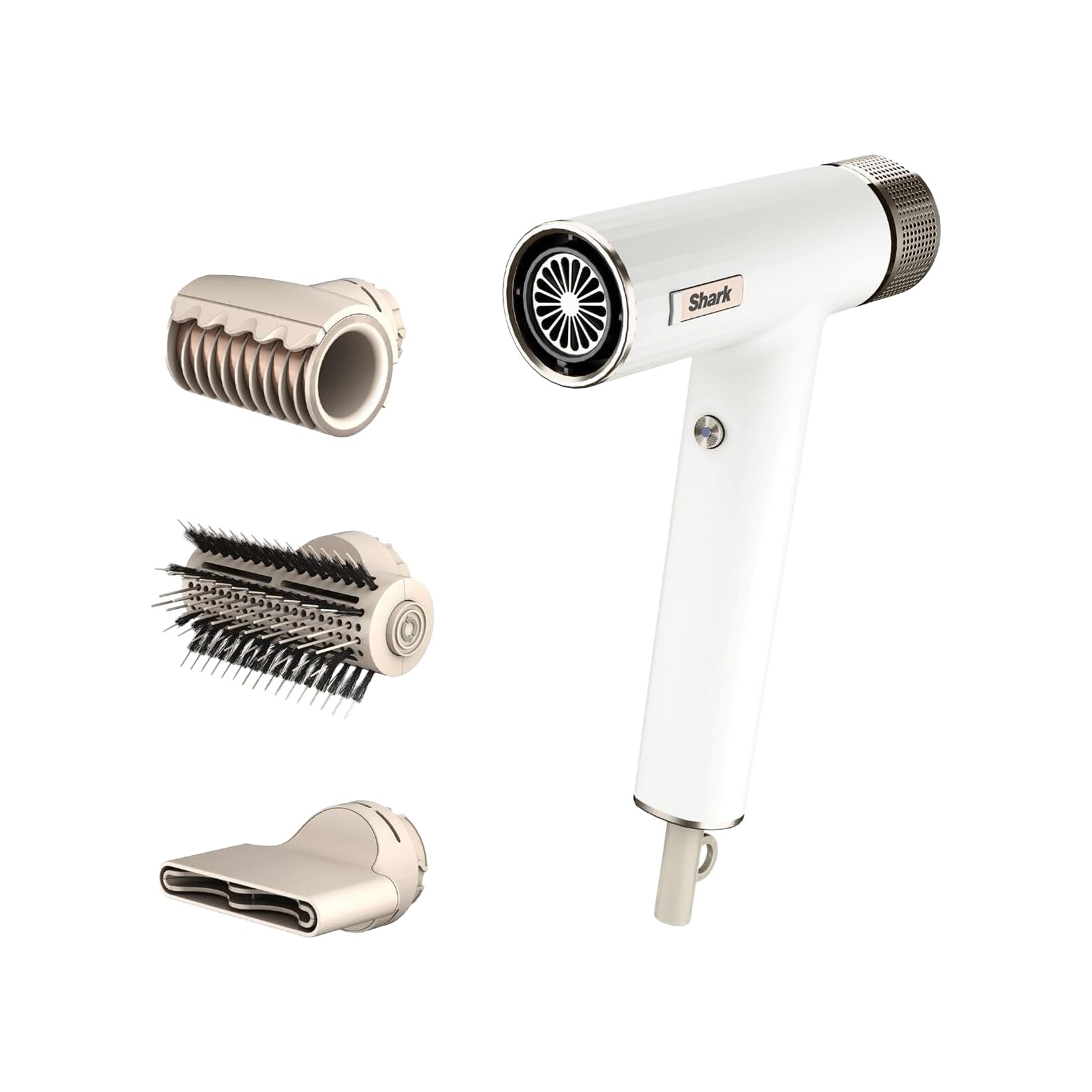 White Shark SpeedStyle hair dryer with its three magnetic attachments (curler, brush, nozzle).