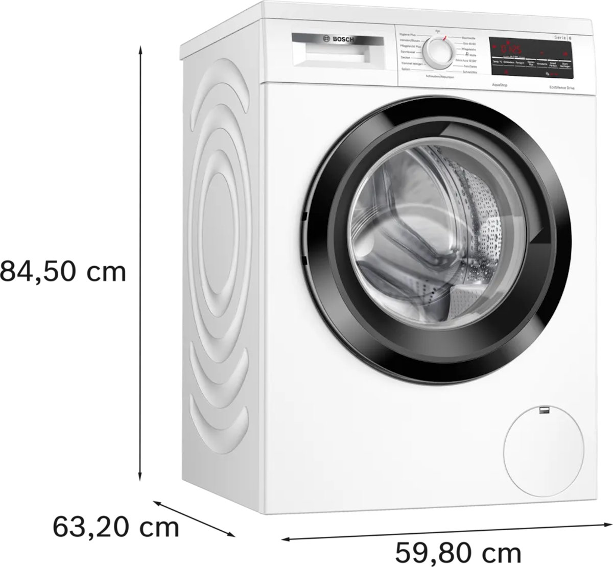 Side view of the Bosch WUU28T48 washing machine with a sleek, white cabinet.