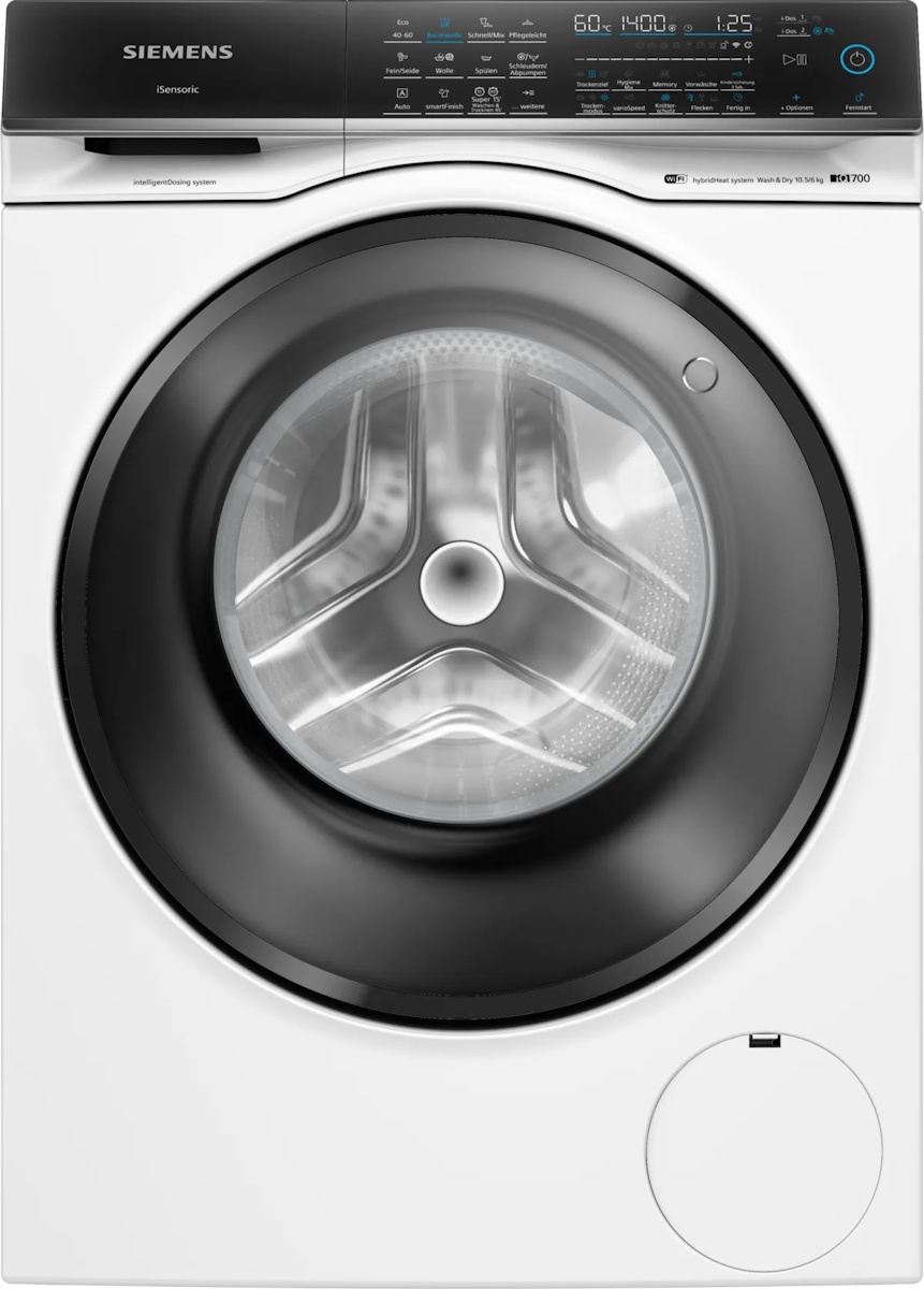 Siemens WN54C2A40 iQ700 washer-dryer front view in white with 10.5/6 kg.