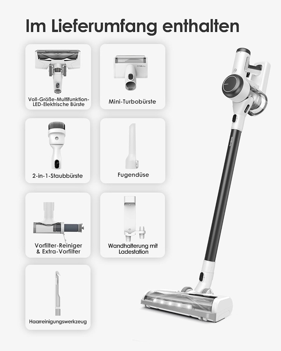 Tineco Pure One X Essentials – package contents with vacuum cleaner, brushes, suction tube, and wall mount